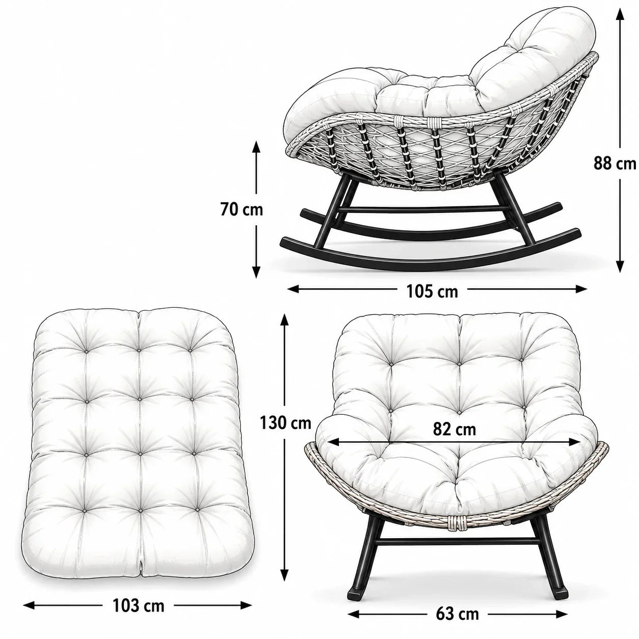 HAVEN - Fauteuil à Bascule Papasan Rotin Plein & Coussin Épais