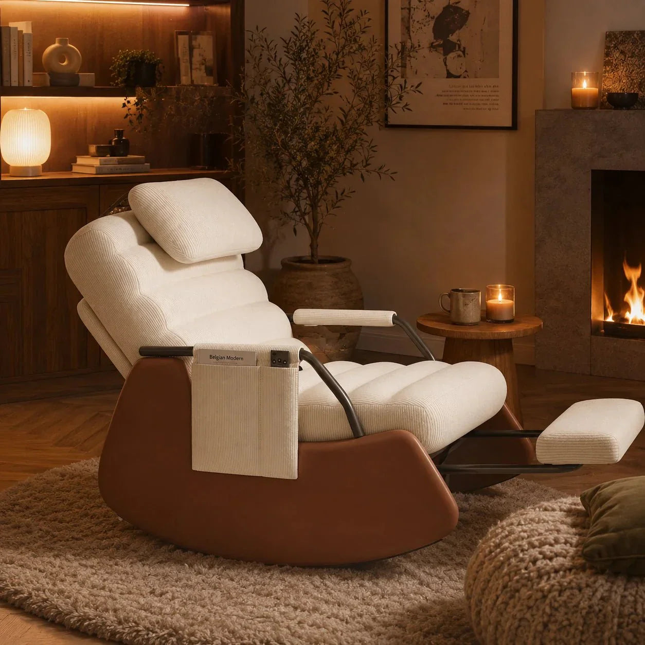 VALEN - Rocking Chair Design Velours Côtelé & Bois Massif