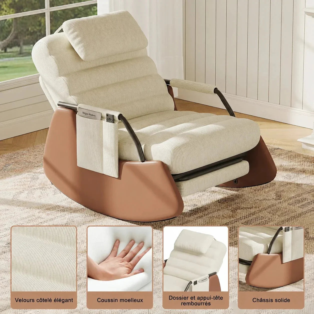 VALEN - Rocking Chair Design Velours Côtelé & Bois Massif