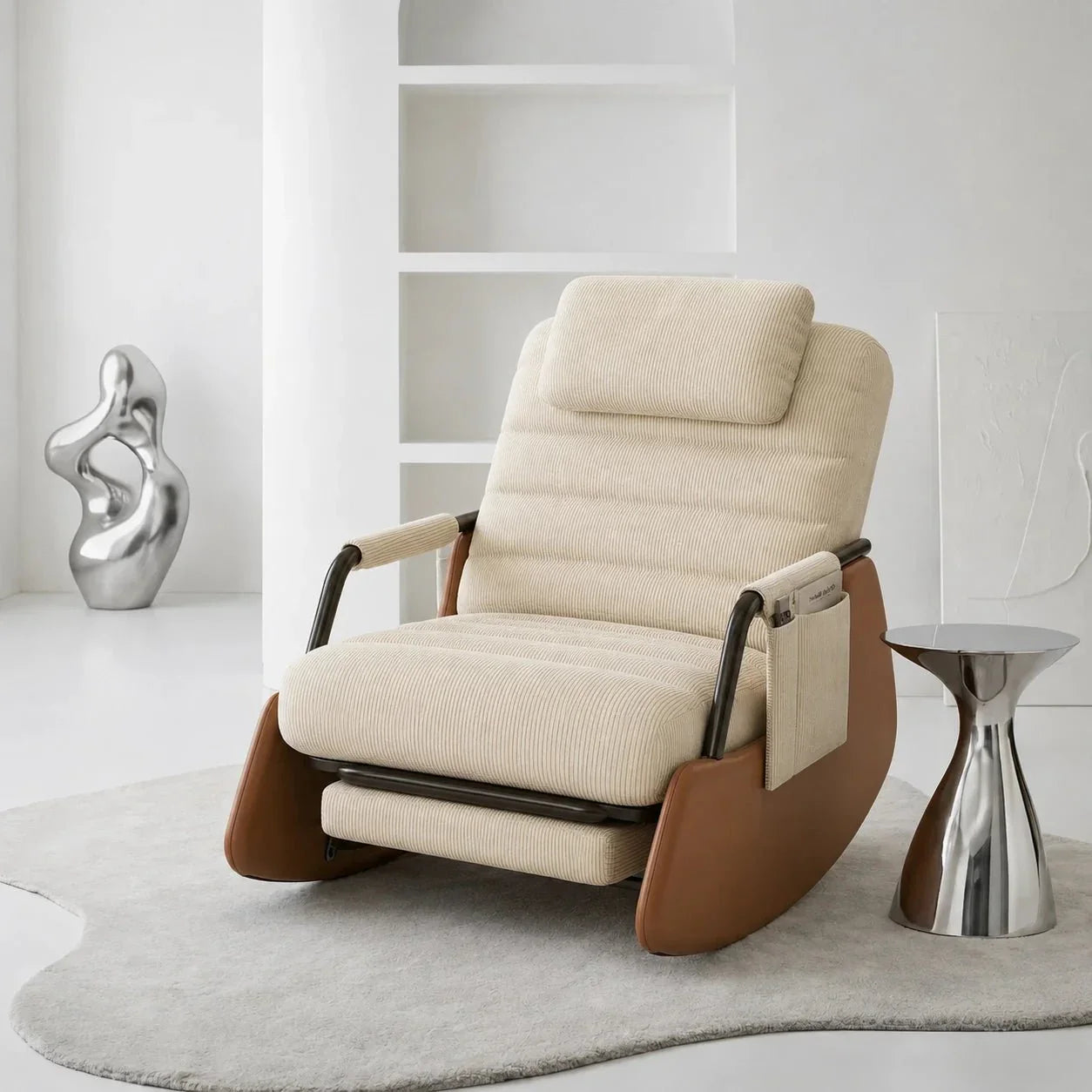 VALEN - Rocking Chair Design Velours Côtelé & Bois Massif