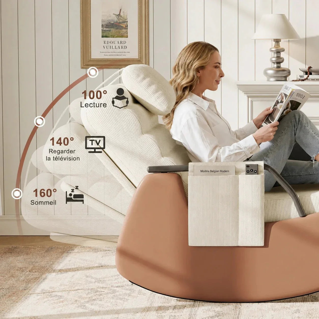 VALEN - Rocking Chair Design Velours Côtelé & Bois Massif