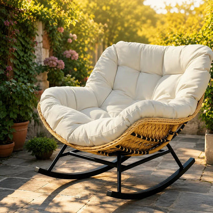 HAVEN - Fauteuil à Bascule Papasan Rotin Plein & Coussin Épais