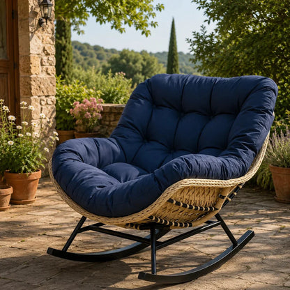 HAVEN - Fauteuil à Bascule Papasan Rotin Plein & Coussin Épais