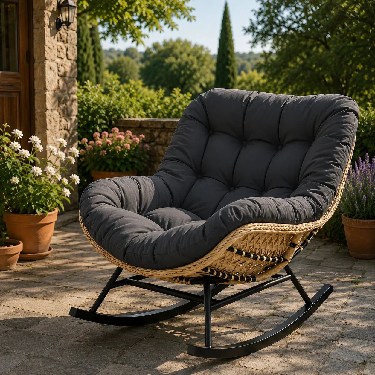 HAVEN - Fauteuil à Bascule Papasan Rotin Plein & Coussin Épais