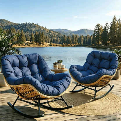 HAVEN - Fauteuil à Bascule Papasan Rotin Plein & Coussin Épais