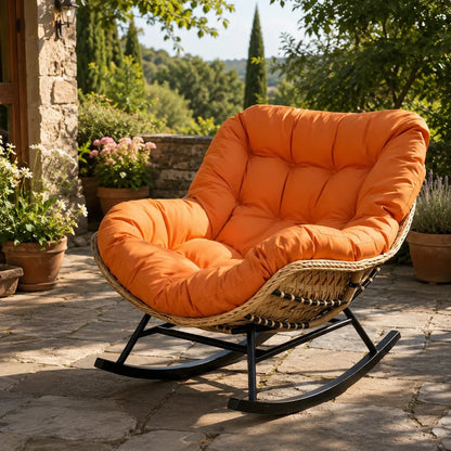 HAVEN - Fauteuil à Bascule Papasan Rotin Plein & Coussin Épais