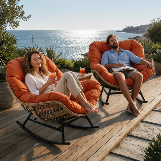 HAVEN - Fauteuil à Bascule Papasan Rotin Plein & Coussin Épais