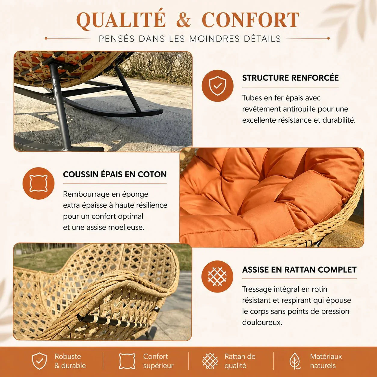 HAVEN - Fauteuil à Bascule Papasan Rotin Plein & Coussin Épais