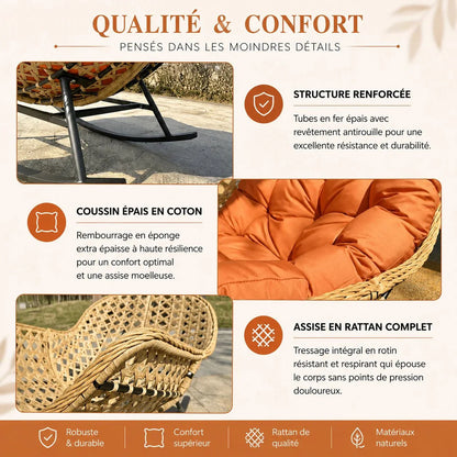 HAVEN - Fauteuil à Bascule Papasan Rotin Plein & Coussin Épais