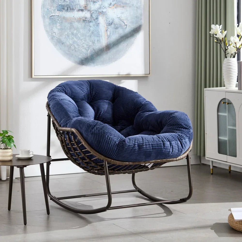 MIRA – Fauteuil à Bascule Papasan Rotin & Velours Côtelé