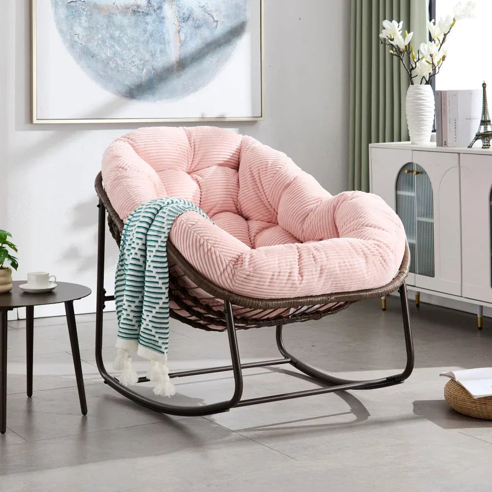 MIRA – Fauteuil à Bascule Papasan Rotin & Velours Côtelé