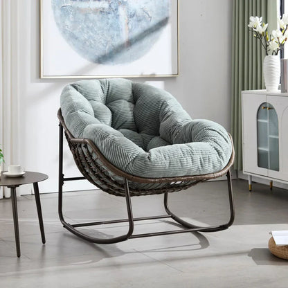 MIRA – Fauteuil à Bascule Papasan Rotin & Velours Côtelé