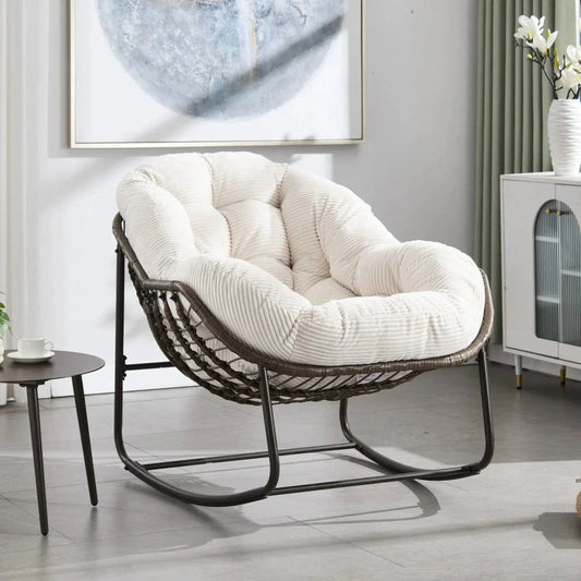 MIRA – Fauteuil à Bascule Papasan Rotin & Velours Côtelé