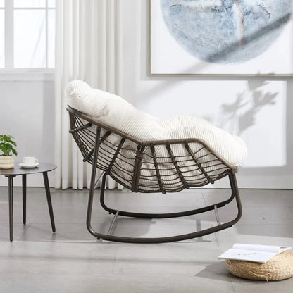 MIRA – Fauteuil à Bascule Papasan Rotin & Velours Côtelé