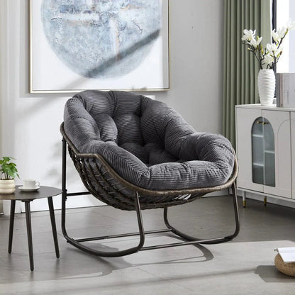 MIRA – Fauteuil à Bascule Papasan Rotin & Velours Côtelé