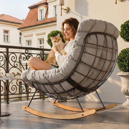 AURORA – Fauteuil à Bascule Extérieur Coussin Épais Acier & Bois d'Érable