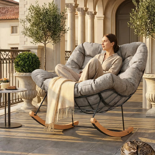 AURORA – Fauteuil à Bascule Extérieur Coussin Épais Acier & Bois d'Érable