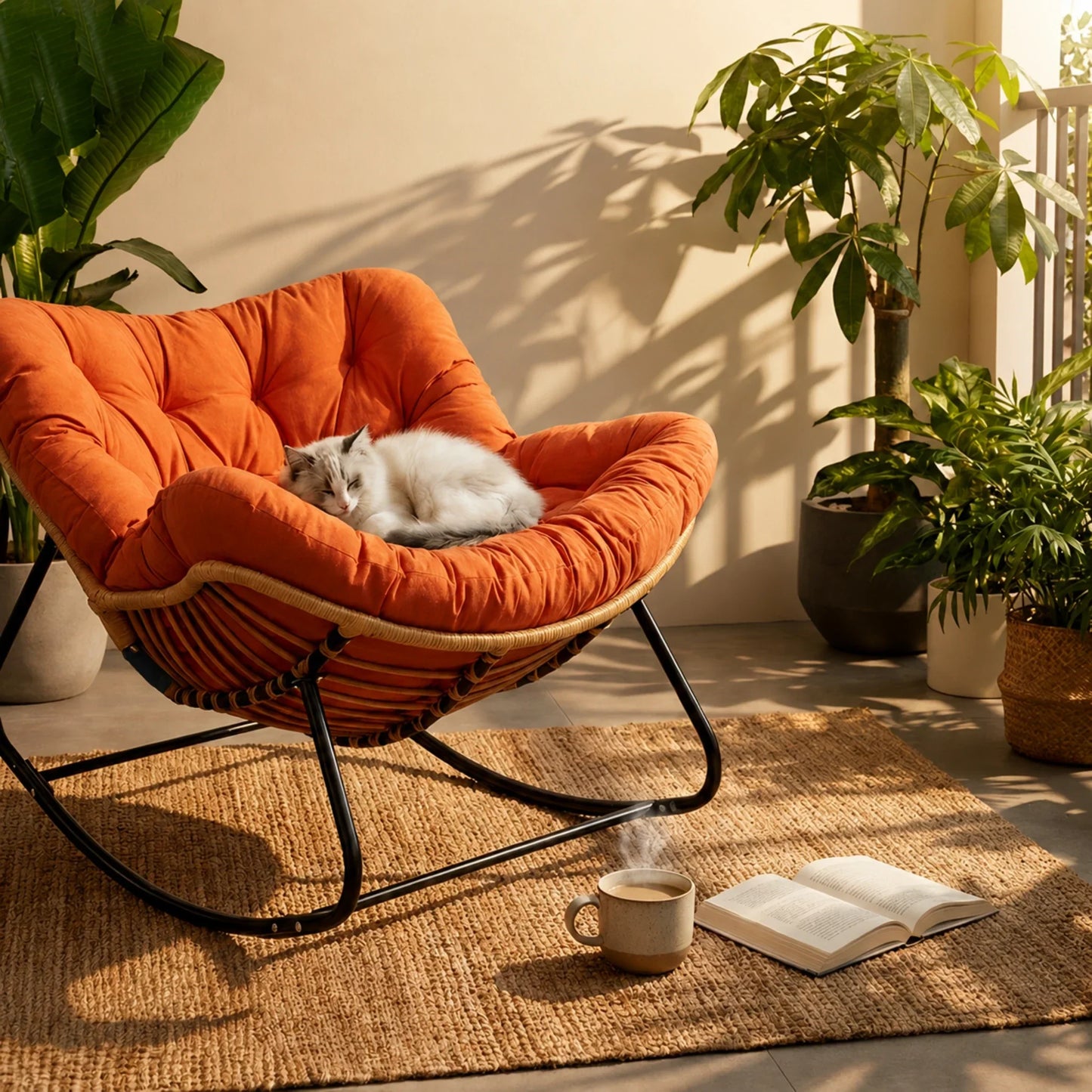 RIVIERA - Rocking Chair Rotin & Coussin XXL Toutes Saisons
